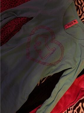 Joshua Perets Long Sleeve Teal Top with Pink Rhinestone Heart